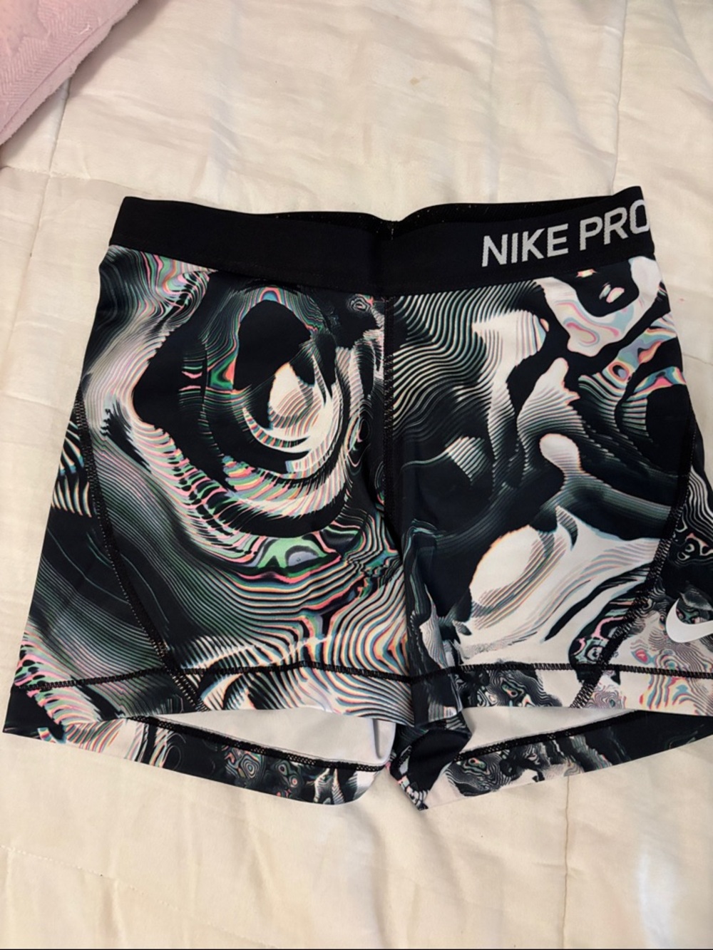 Nike Pro Black with White, Pink and Green Swirl Compression Shorts
